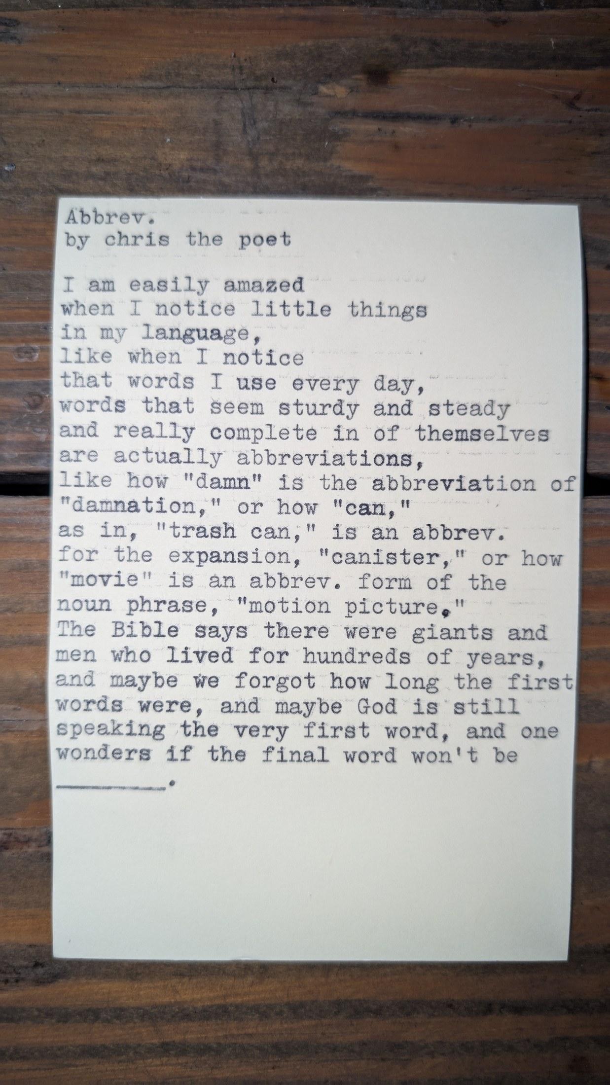 Original typewritten poem Abbrev. by Chris the Poet