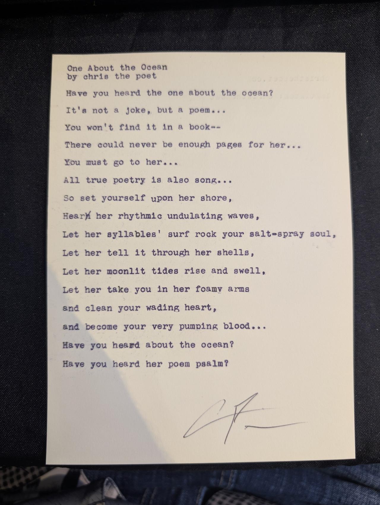 Original typewritten poem One About the Ocean by Chris the Poet