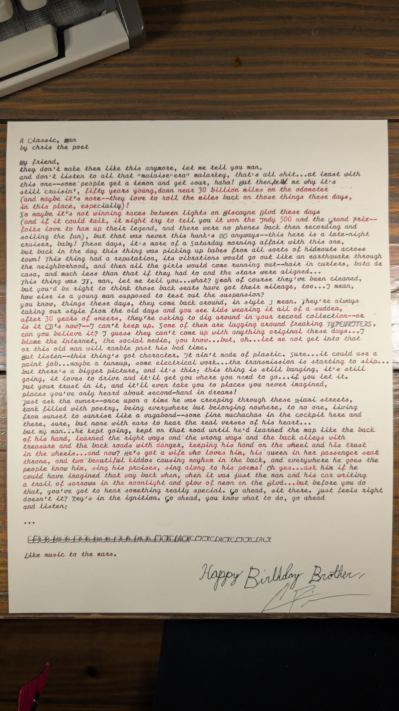 Original typewritten poem A Classic, man by Chris the Poet