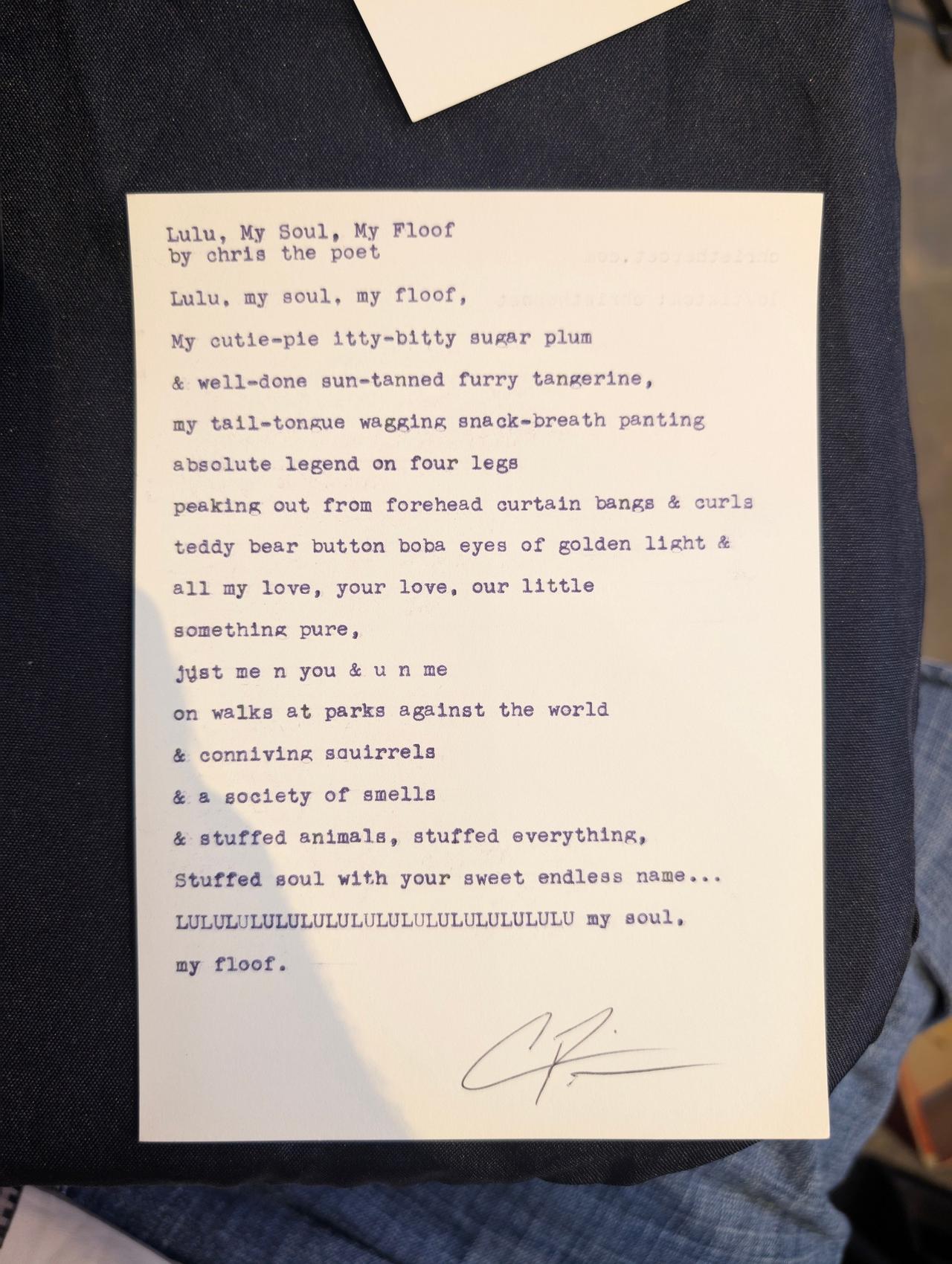 Original typewritten poem Lulu, My Soul, My Floof by Chris the Poet