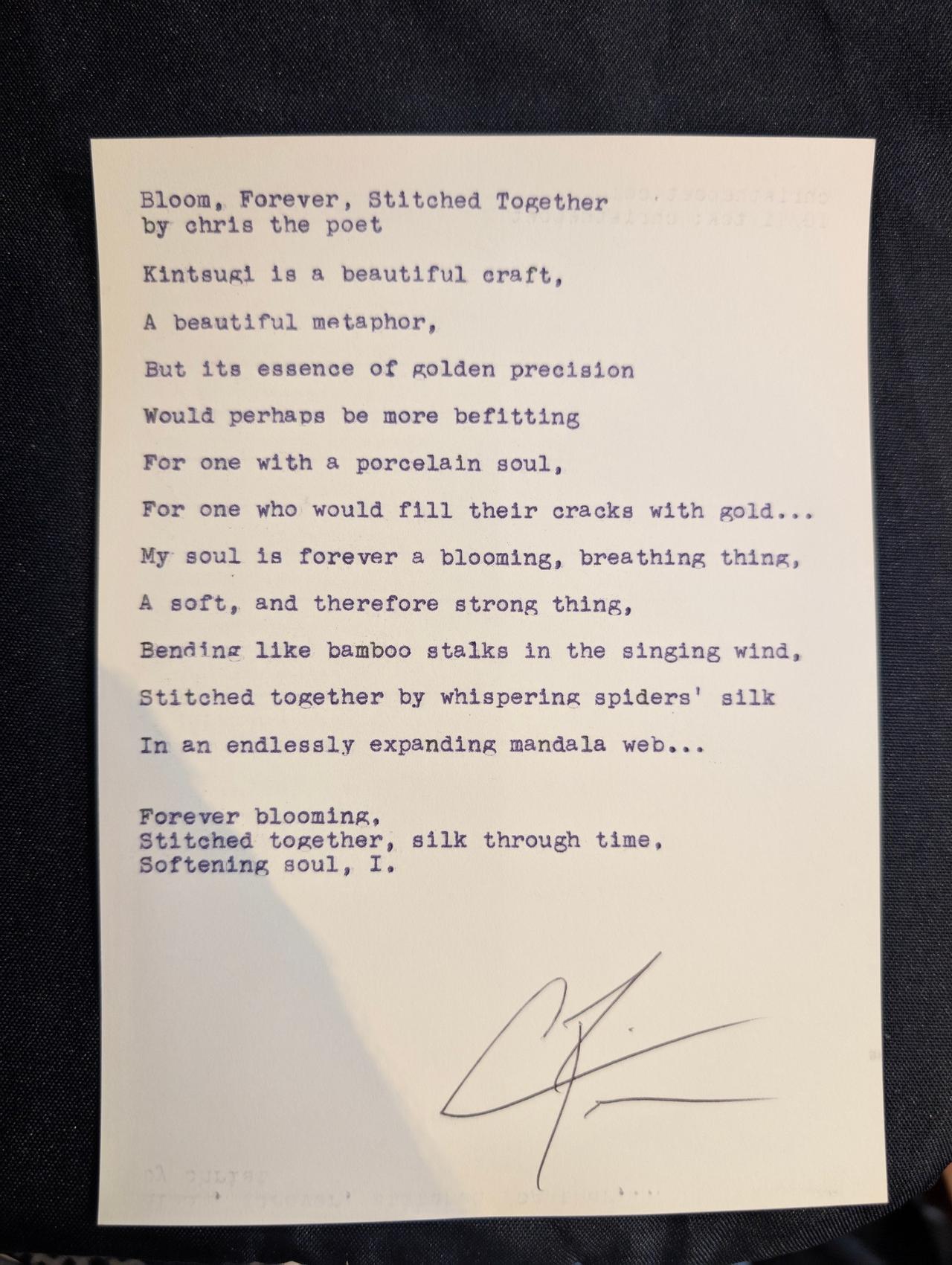 Original typewritten poem Blooms, Forever, Stitched Together by Chris the Poet