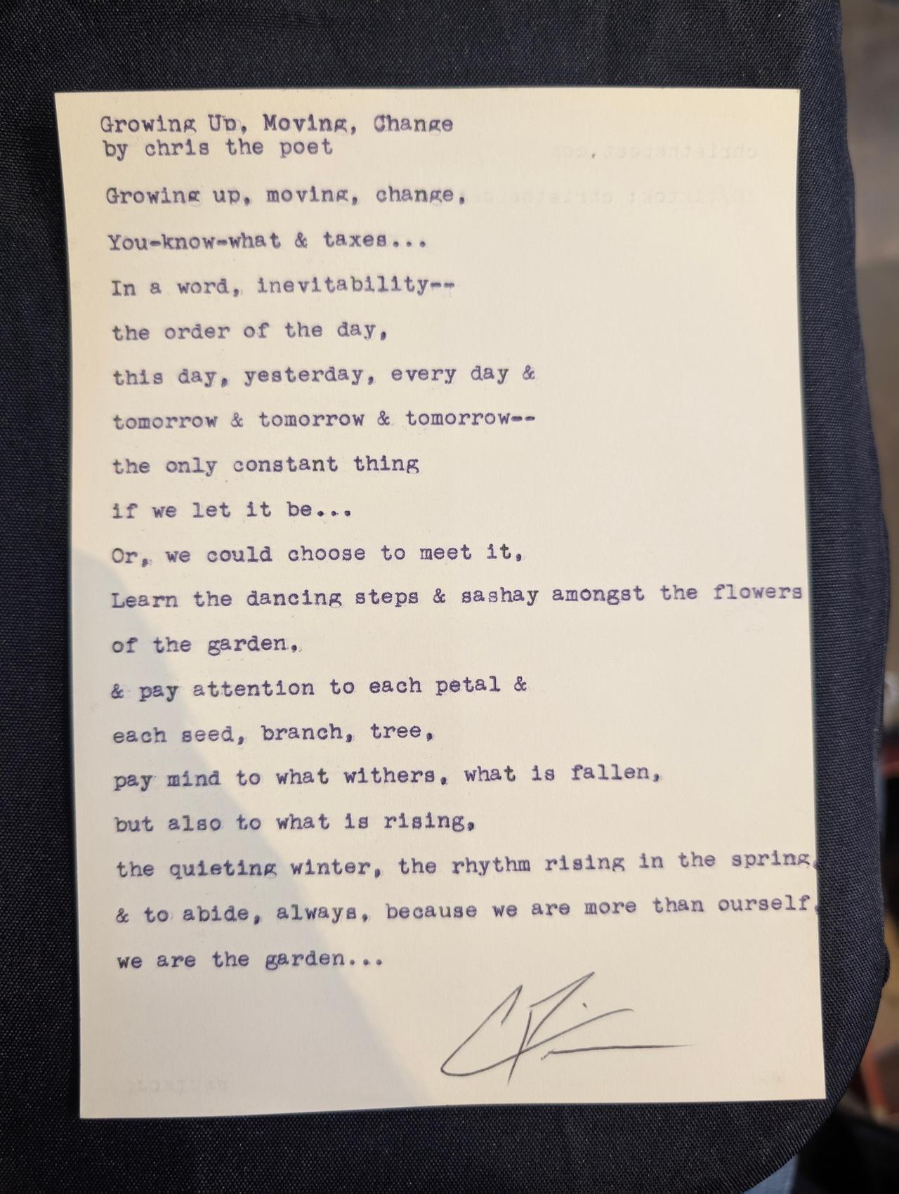 Original typewritten poem Growing Up, Moving, Change by Chris the Poet