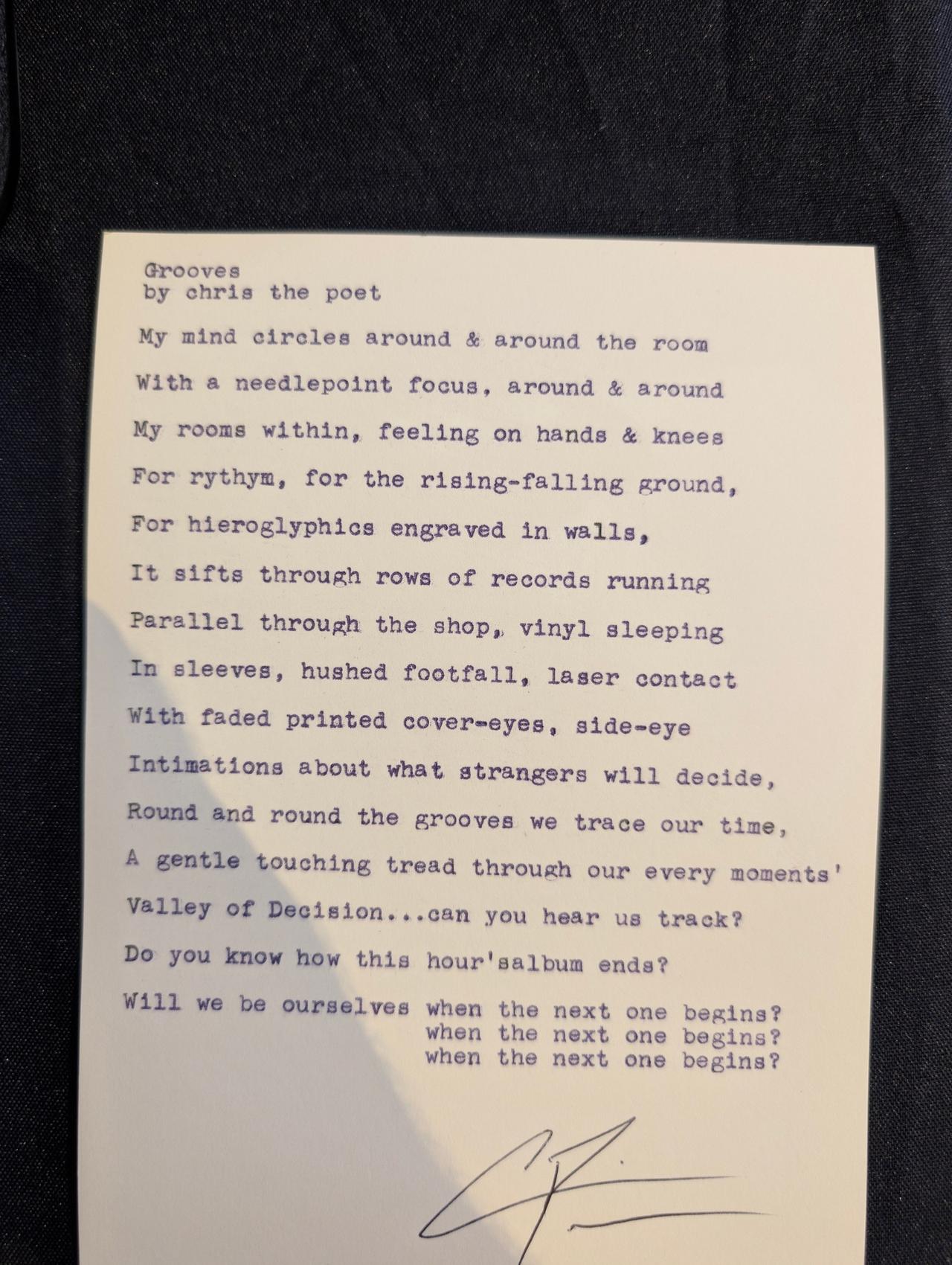 Original typewritten poem Grooves by Chris the Poet