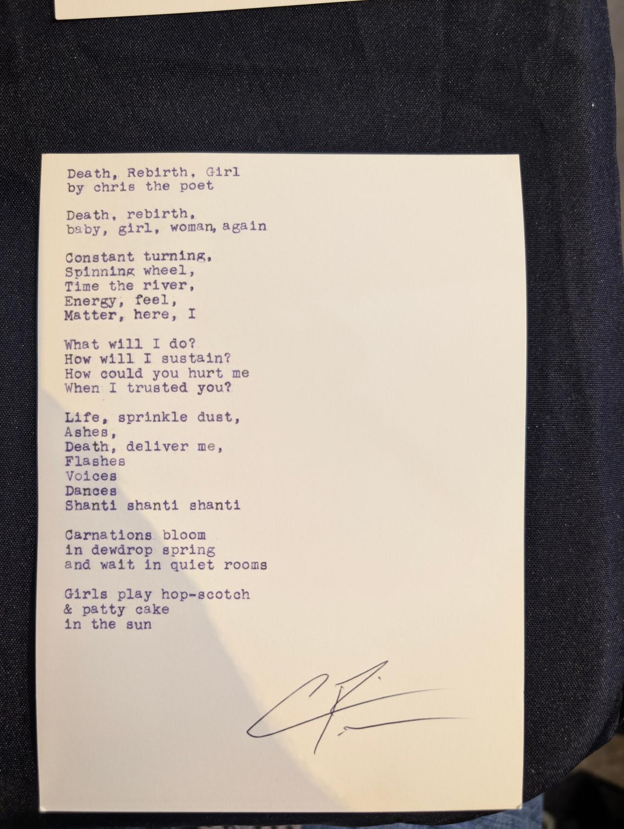 Original typewritten poem Death, Rebirth, Girl by Chris the Poet