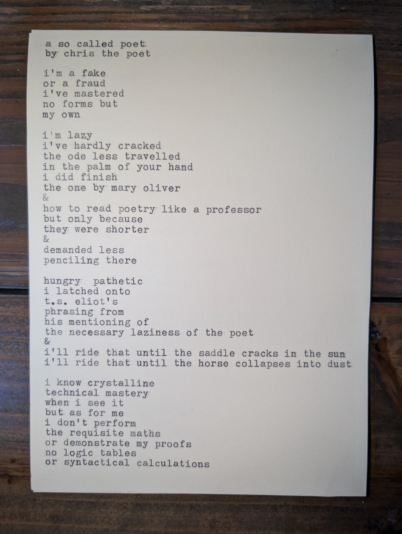 Original typewritten poem a so called poet by Chris the Poet