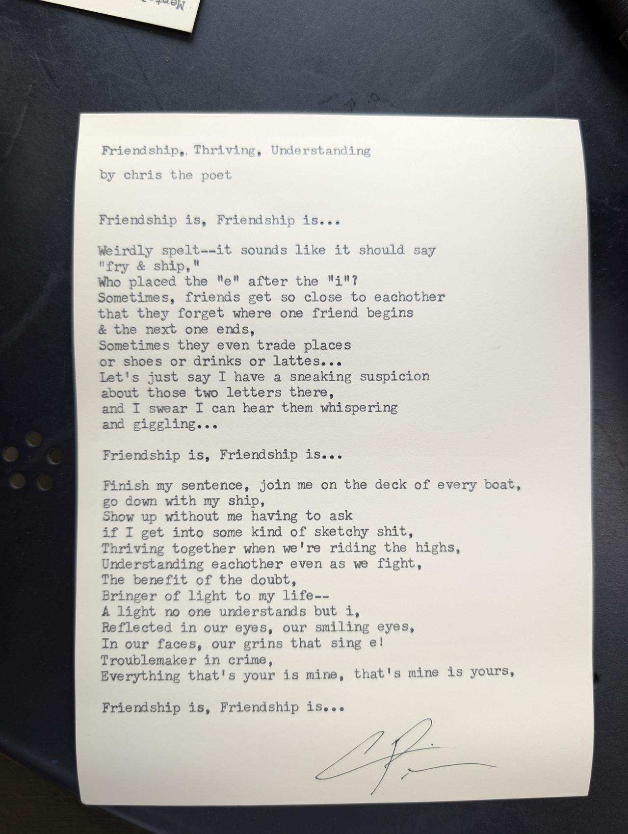 Original typewritten poem Friendship, Thriving, Understanding by Chris the Poet