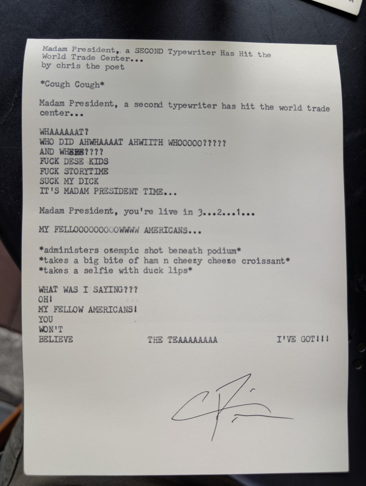 Original typewritten poem Madam President, A Second Typewriter Has Hit the World Trade Center... by Chris the Poet