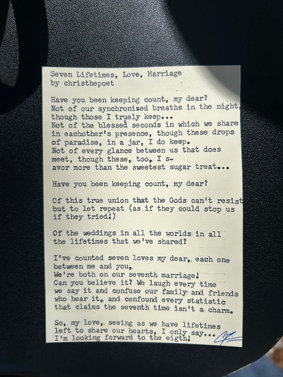 Original typewritten poem Seven Lifetimes, Love, Marriage by Chris the Poet