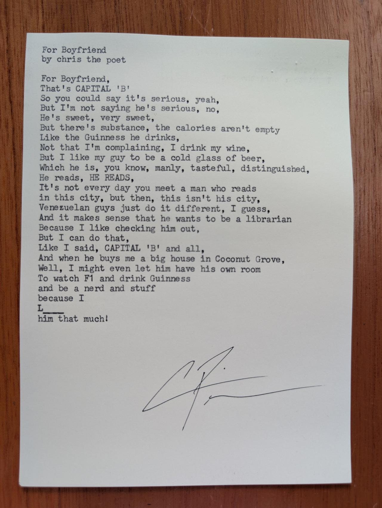 Original typewritten poem My Boyfriend by Chris the Poet