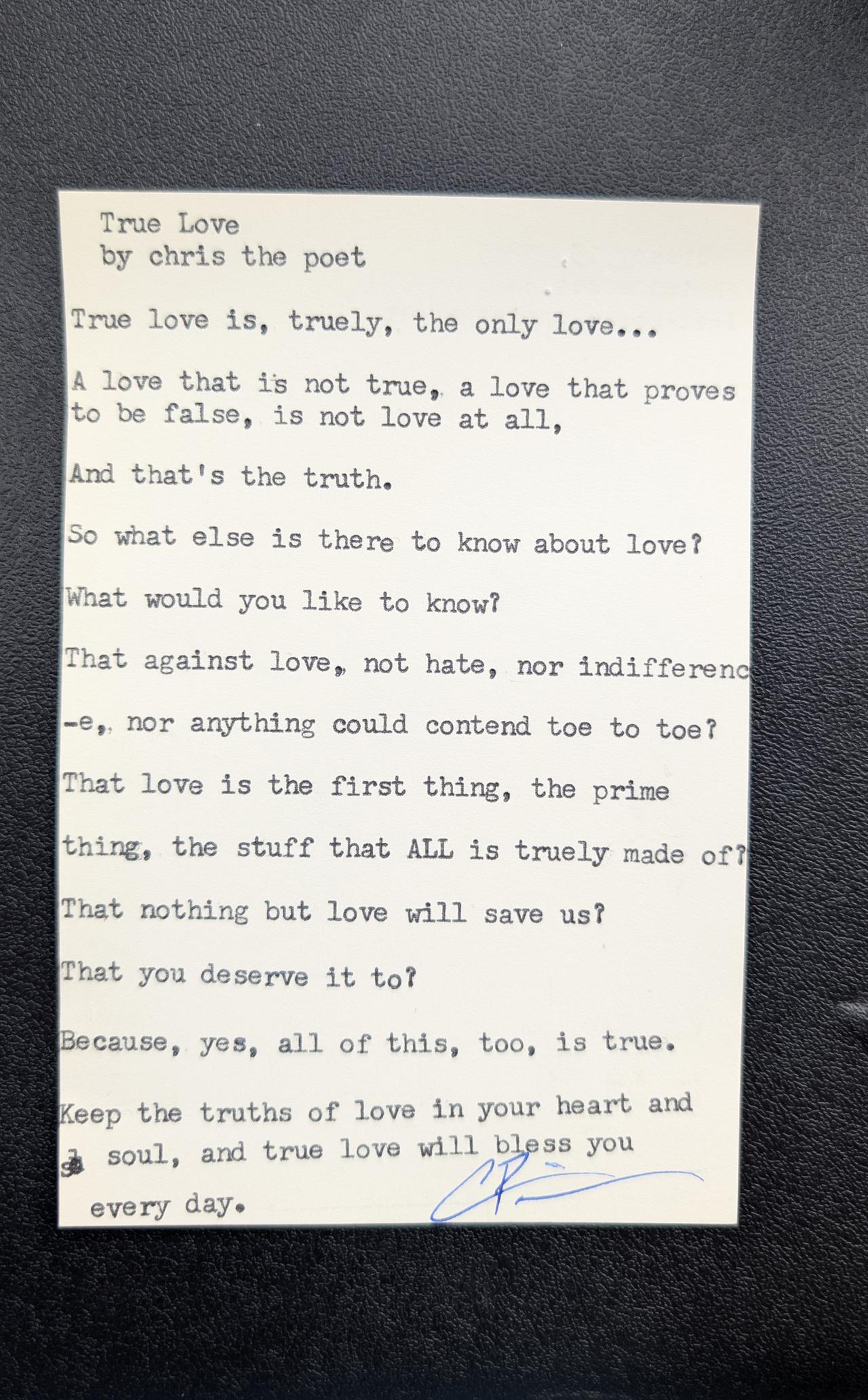 Original typewritten poem True Love by Chris the Poet