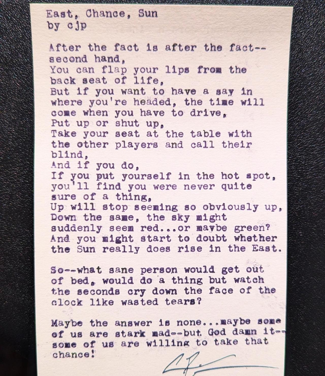 Original typewritten poem East, Chance, Sun by Chris the Poet