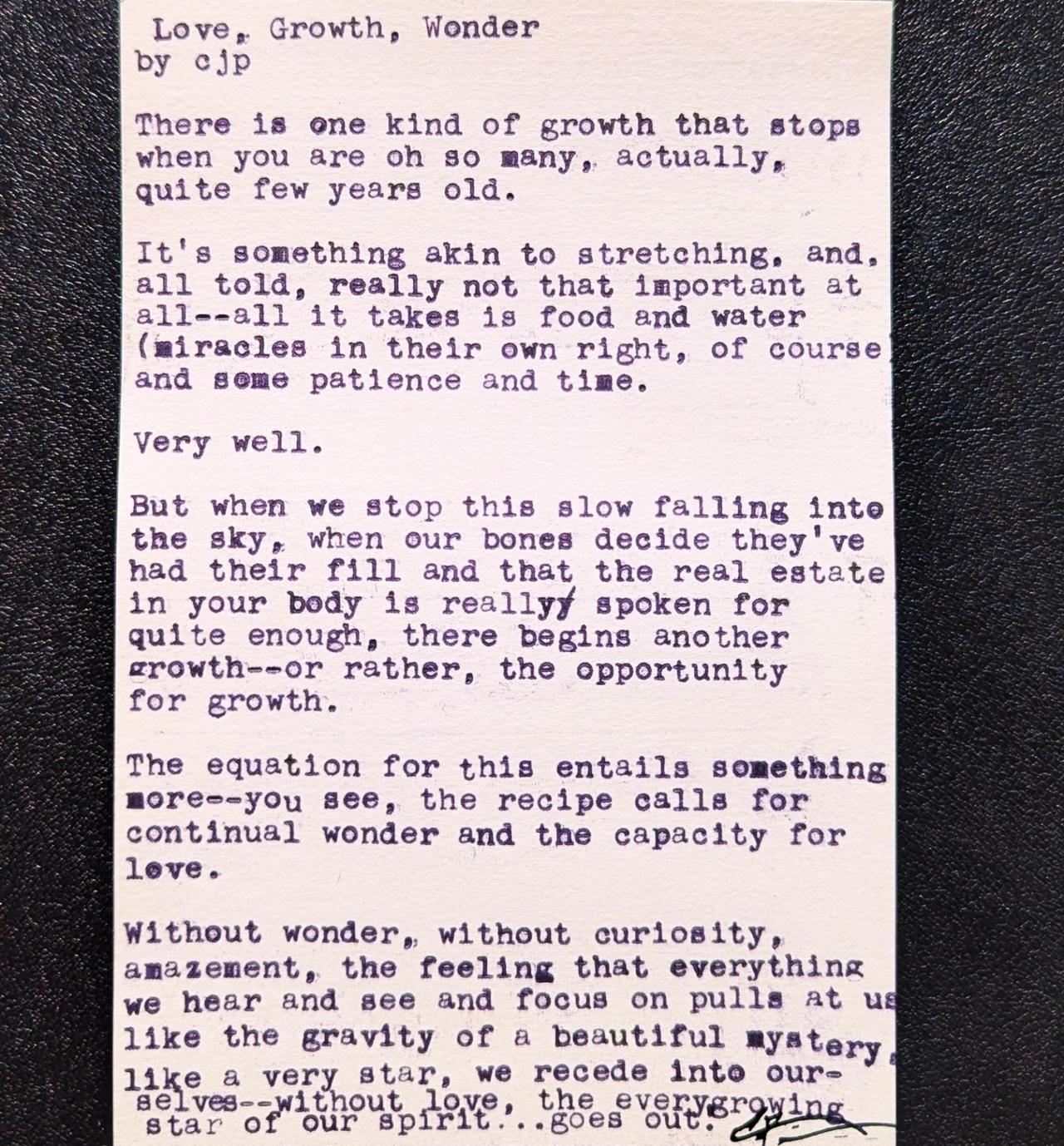 Original typewritten poem Love, Growth, Wonder by Chris the Poet