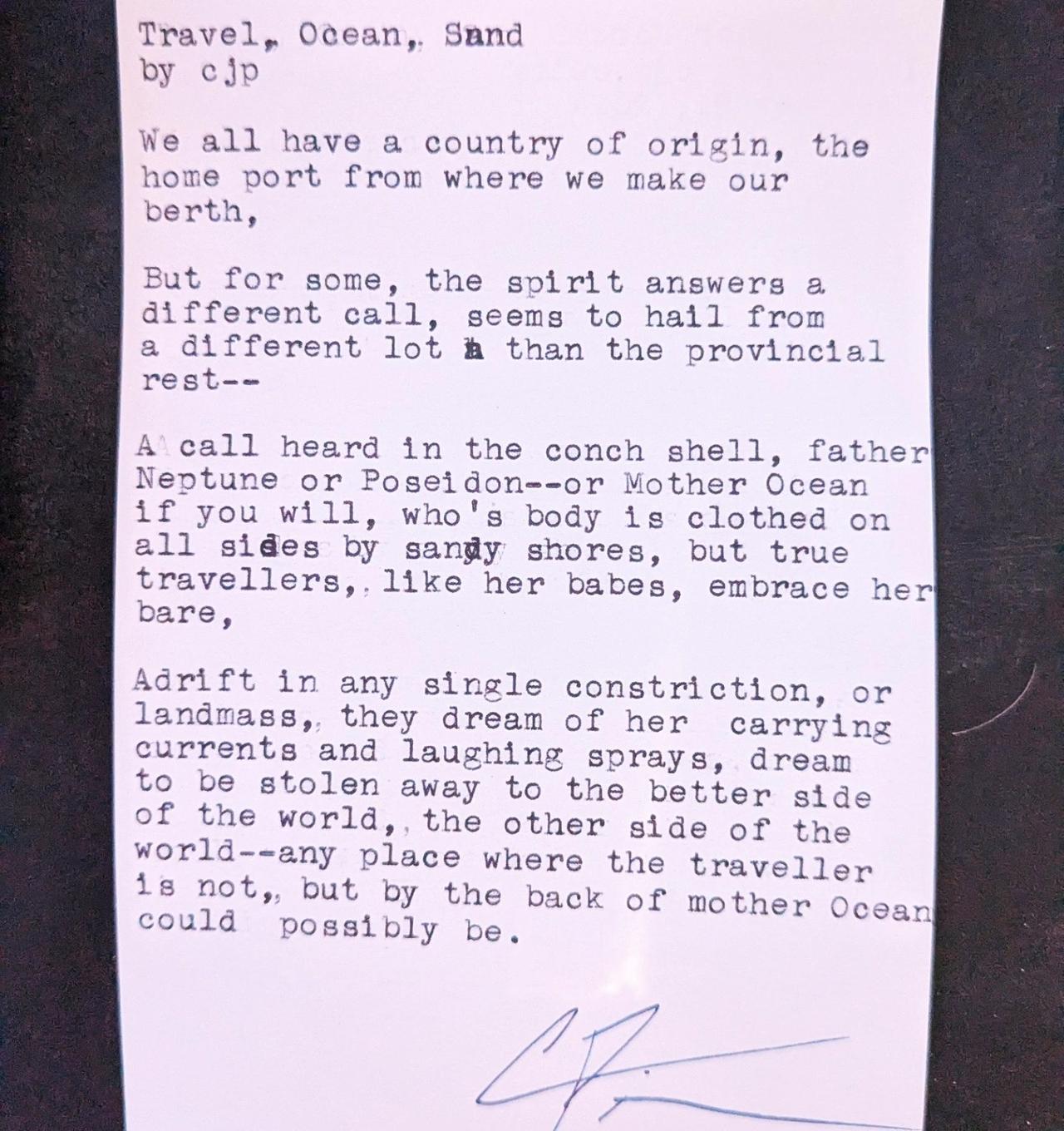 Original typewritten poem Travel, Ocean, Sand by Chris the Poet
