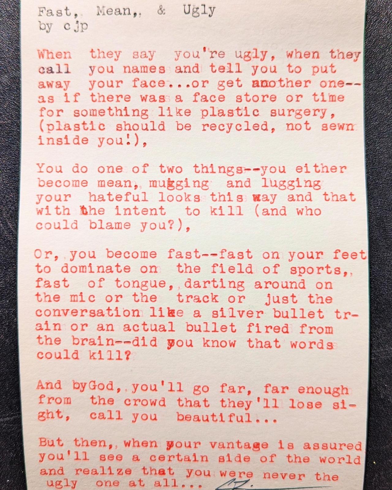 Original typewritten poem Fast, Mean, & Ugly by Chris the Poet