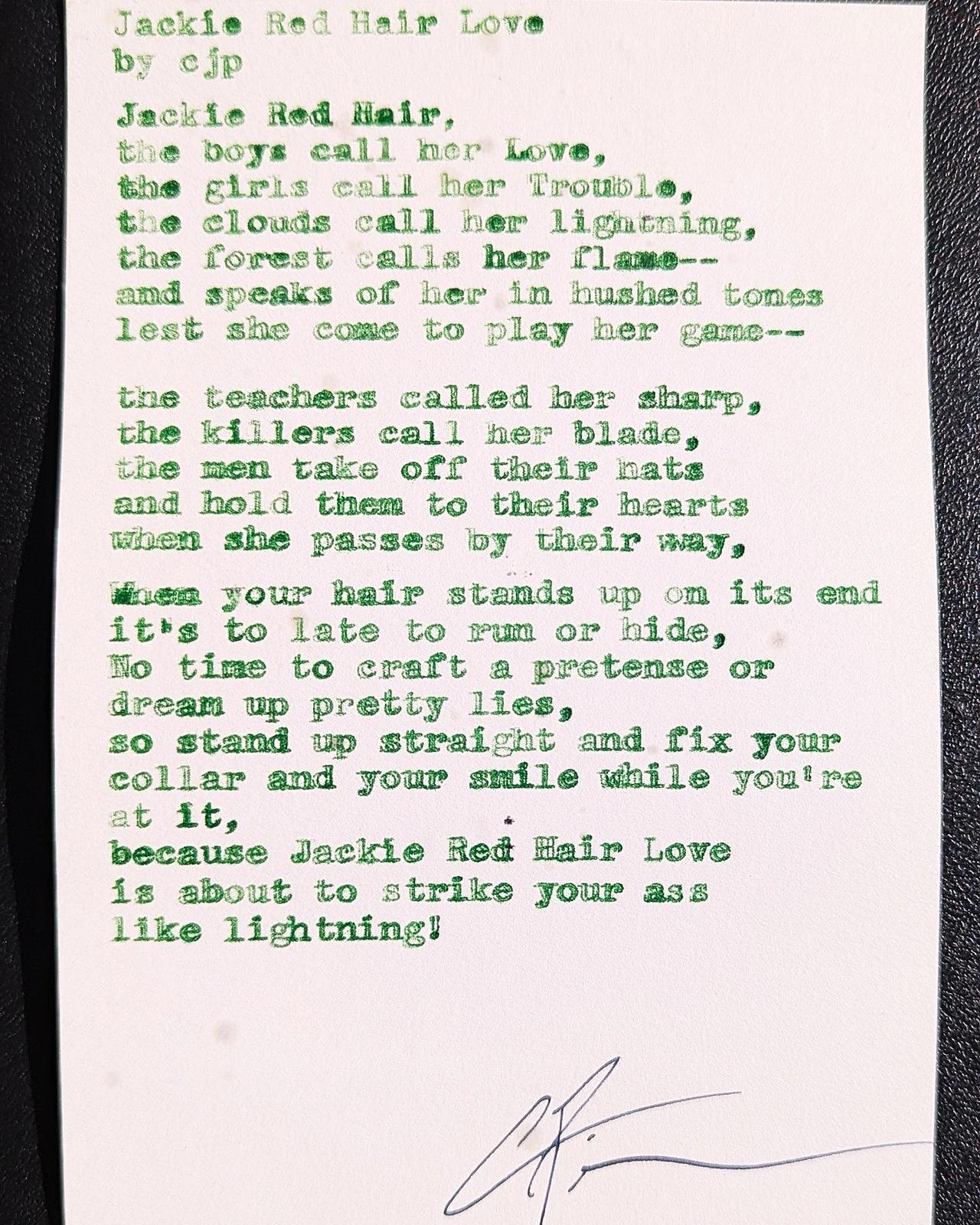 Original typewritten poem Jackie Red Hair Love by Chris the Poet