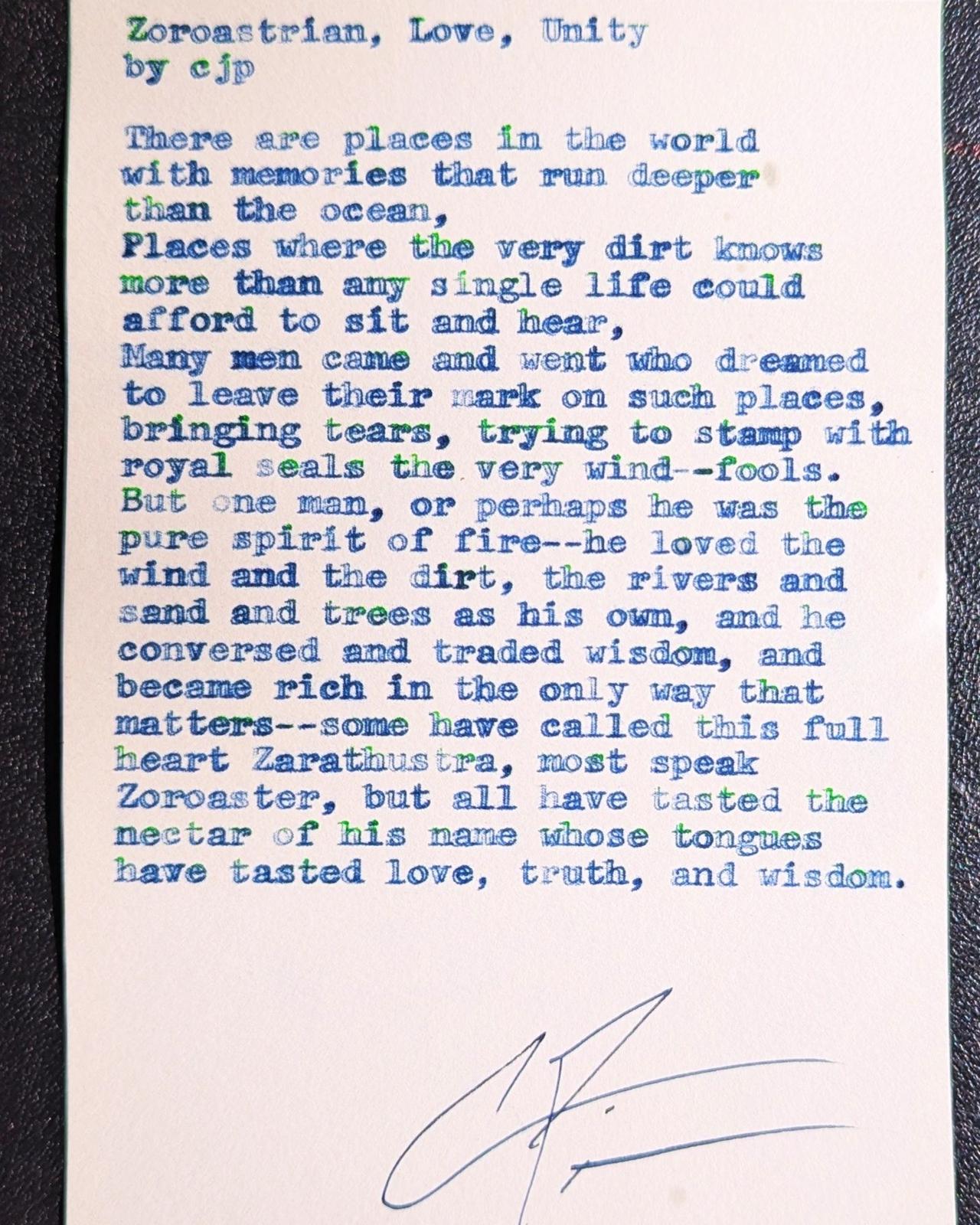 Original typewritten poem Zoroastrian, Love, Unity by Chris the Poet