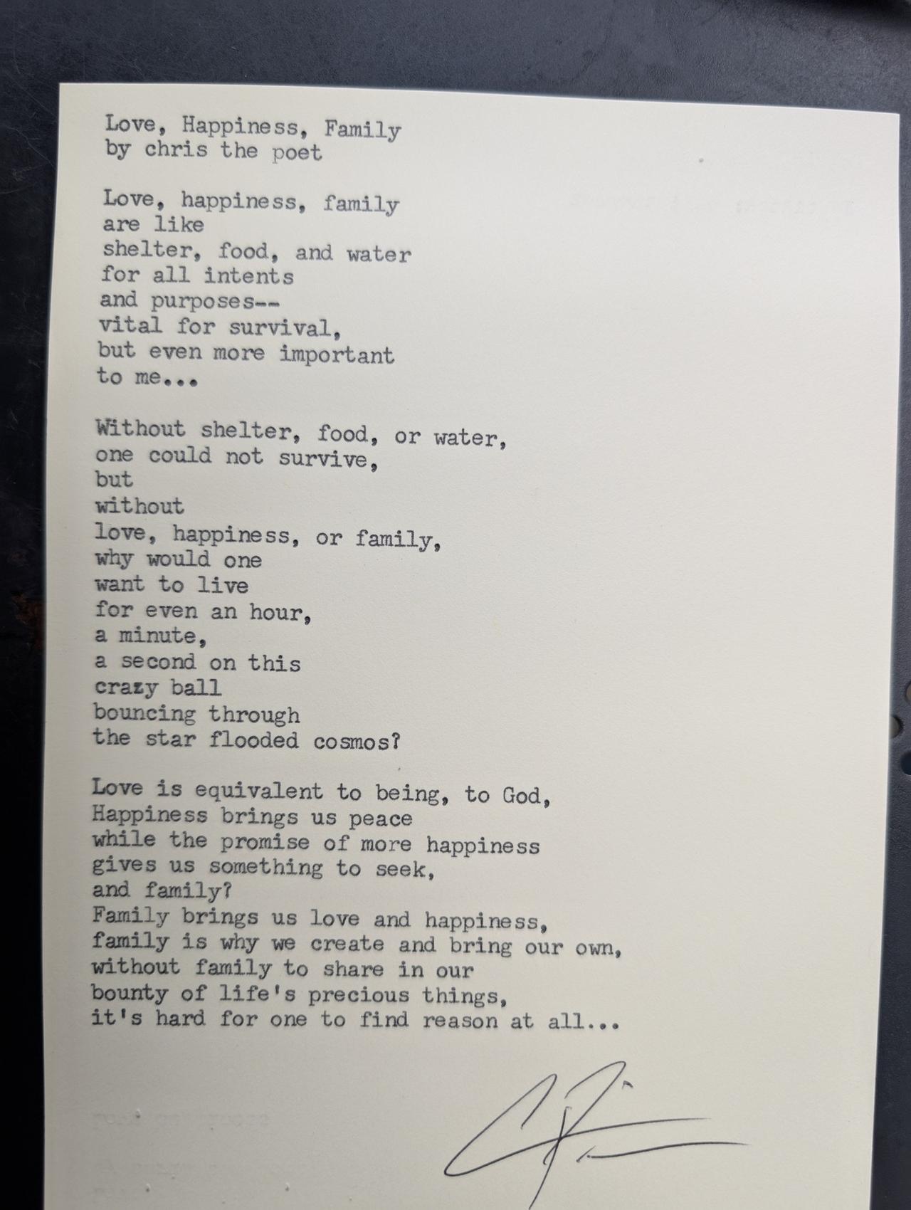 Original typewritten poem Love, Happiness, Family by Chris the Poet