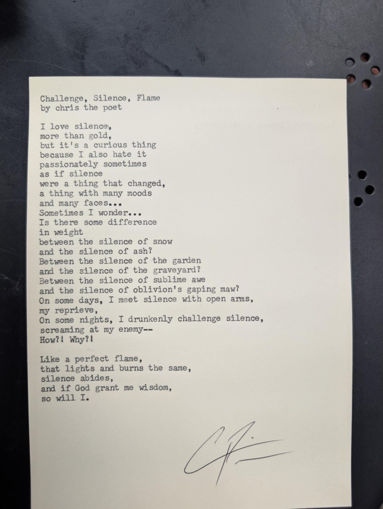 Original typewritten poem Challenge, Silence, Flame by Chris the Poet