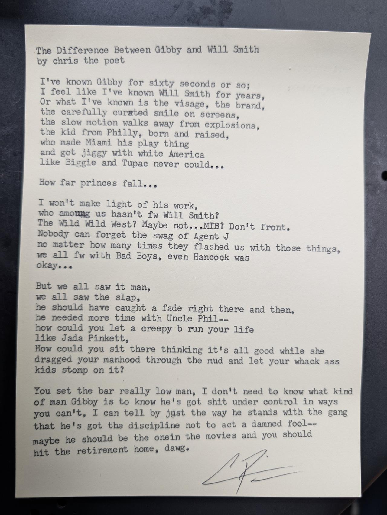 Original typewritten poem The Difference Between Gibby and Will Smith by Chris the Poet
