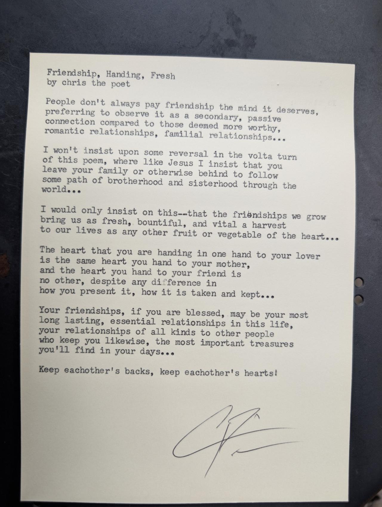 Original typewritten poem Friendship, Healing, Fresh by Chris the Poet