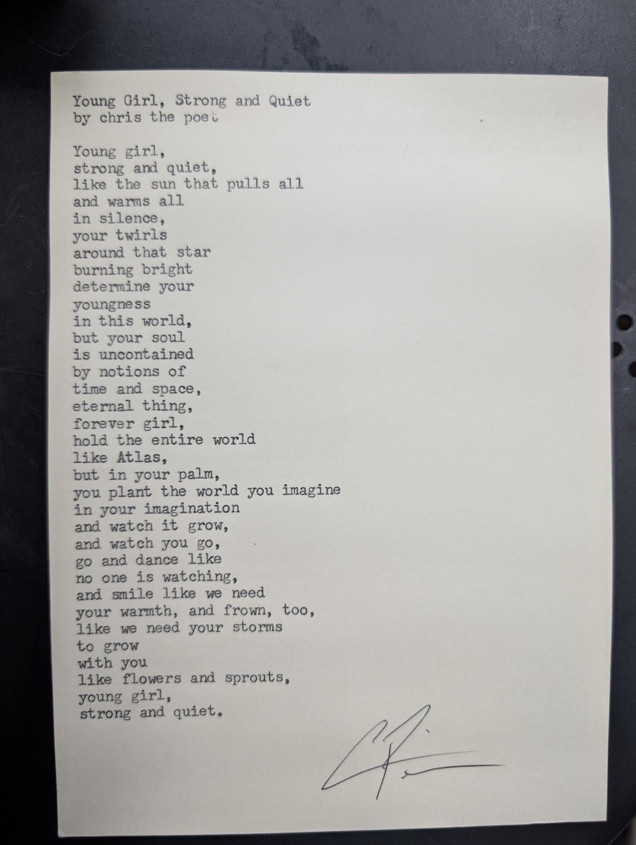 Original typewritten poem Young Girl, Strong and Quiet by Chris the Poet