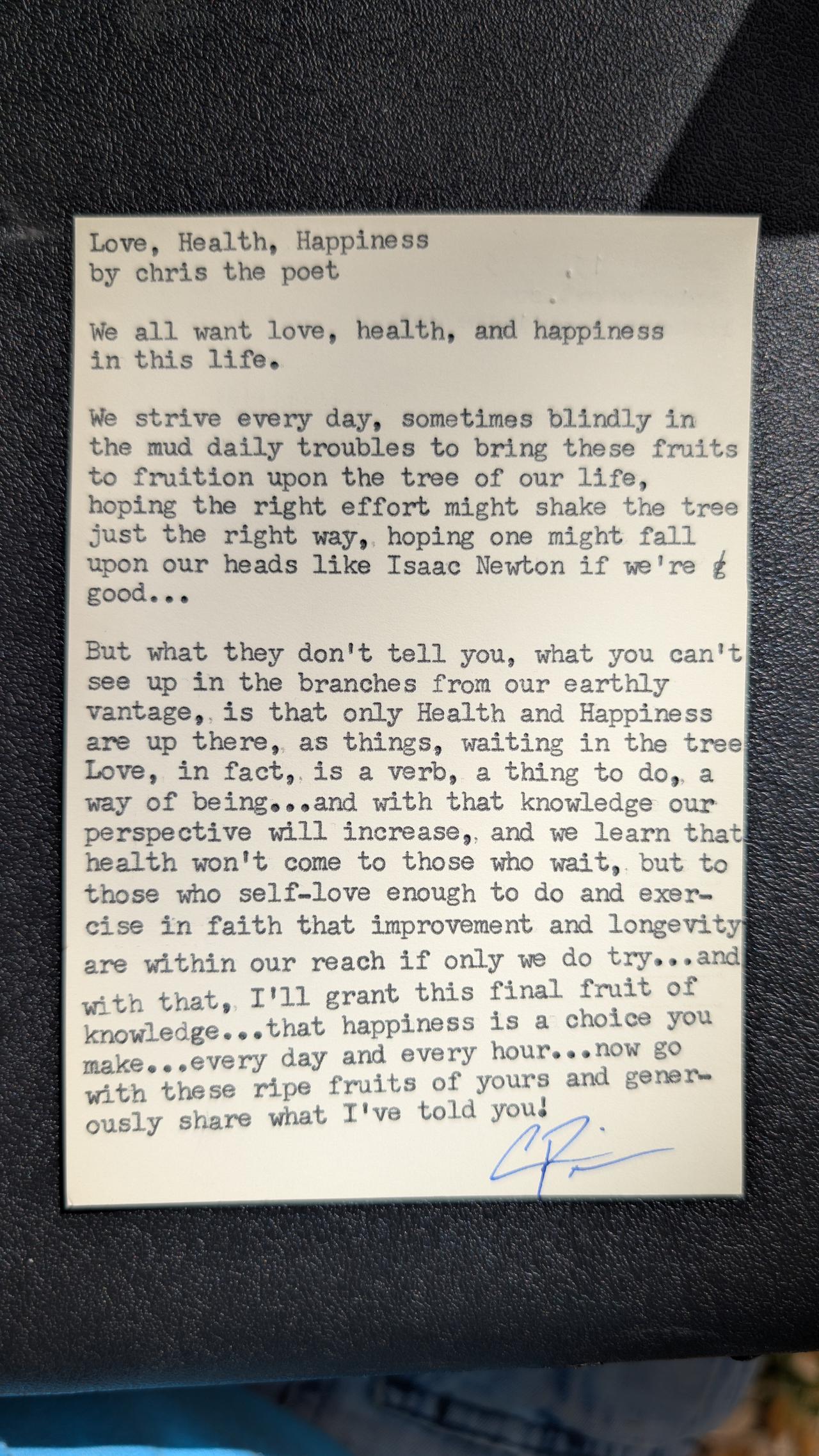 Original typewritten poem Love, Health, Happiness by Chris the Poet
