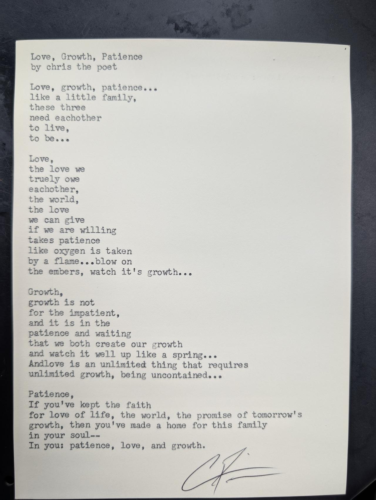 Original typewritten poem Love, Growth, Patience by Chris the Poet
