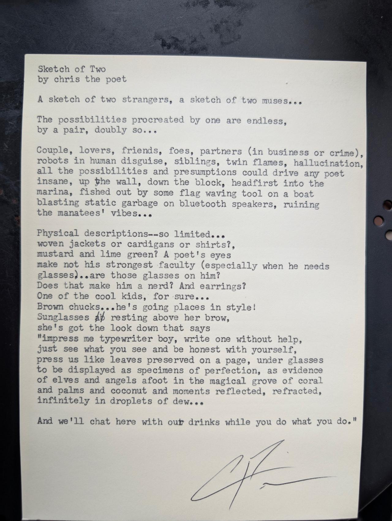 Original typewritten poem Sketch of You by Chris the Poet