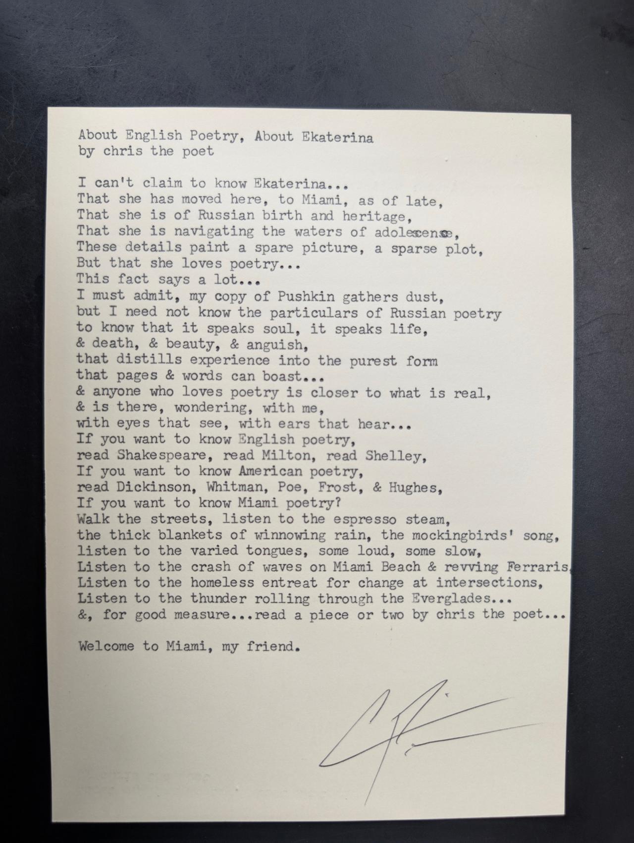 Original typewritten poem About English Poetry, About Ekaterina by Chris the Poet