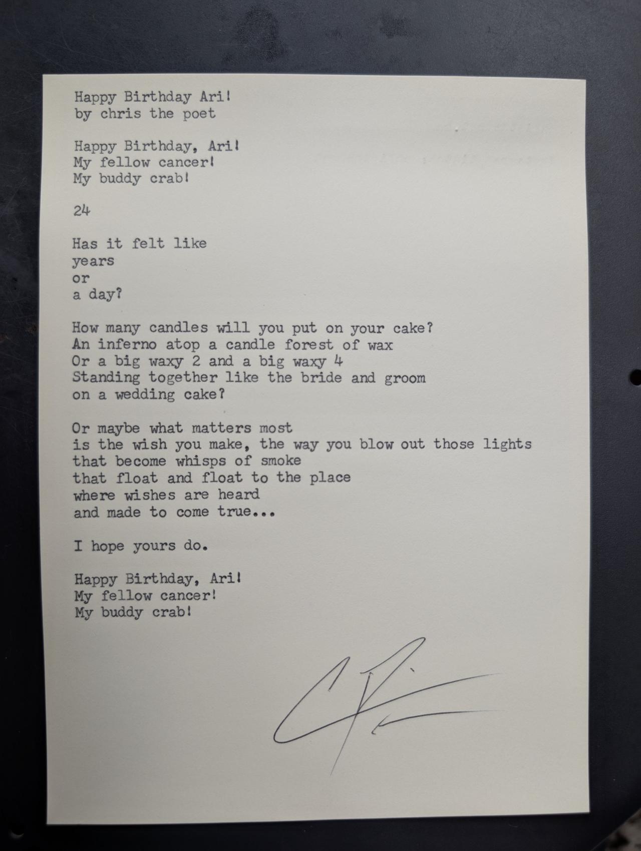 Original typewritten poem Happy Birthday Ari! by Chris the Poet