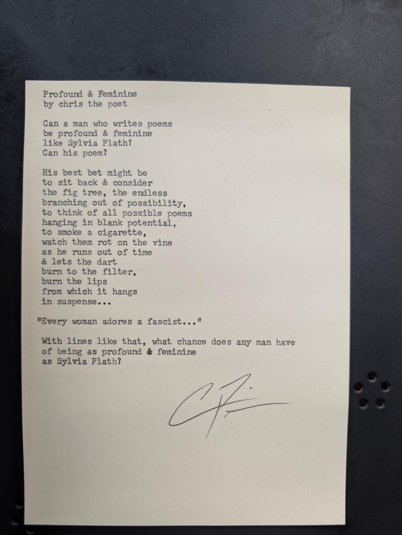 Original typewritten poem Profound & Feminine by Chris the Poet