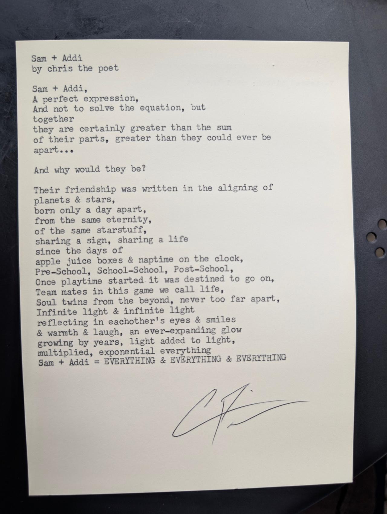 Original typewritten poem Sam + Addi by Chris the Poet