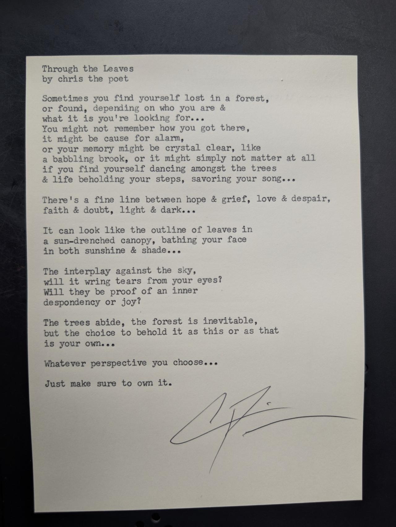 Original typewritten poem Through the Leaves by Chris the Poet