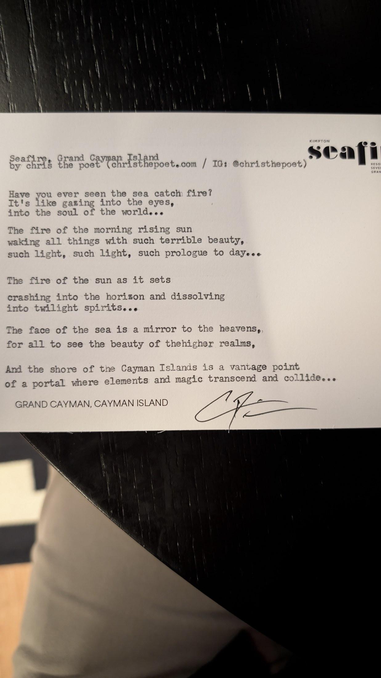 Original typewritten poem Seafire, Grand Cayman Island by Chris the Poet