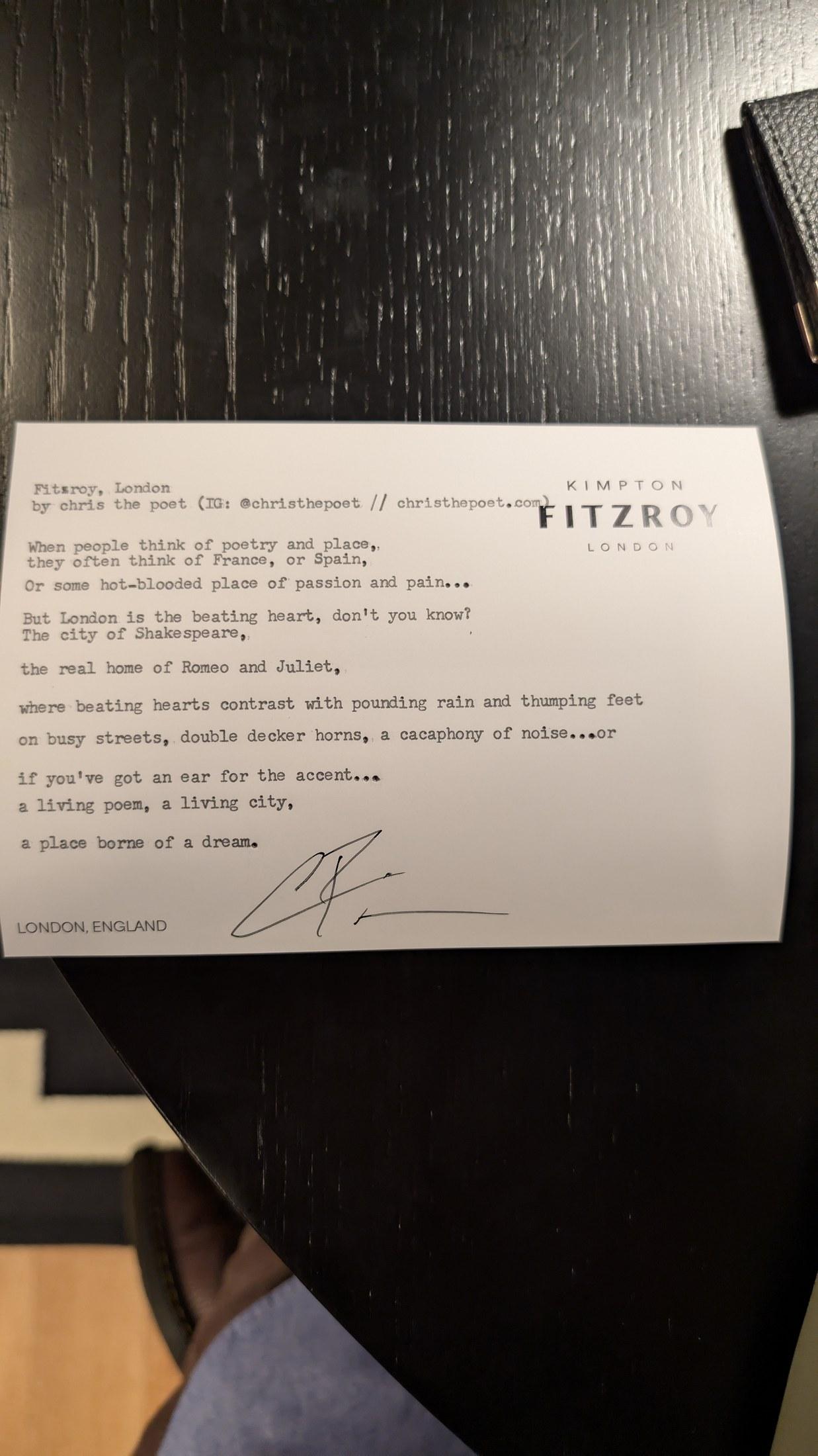 Original typewritten poem Fitzroy, London by Chris the Poet