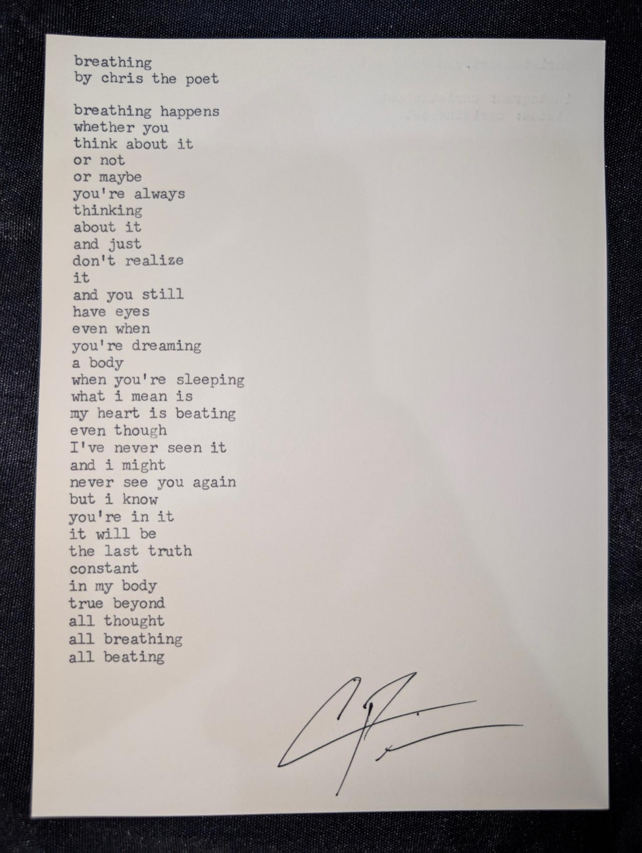 Original typewritten poem breathing by Chris the Poet