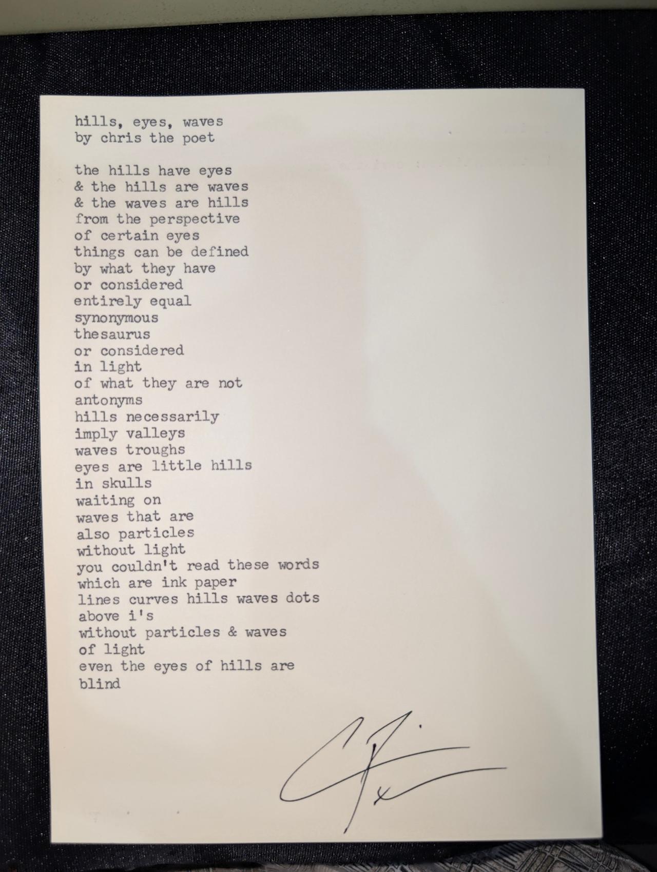 Original typewritten poem hills, eyes, waves by Chris the Poet