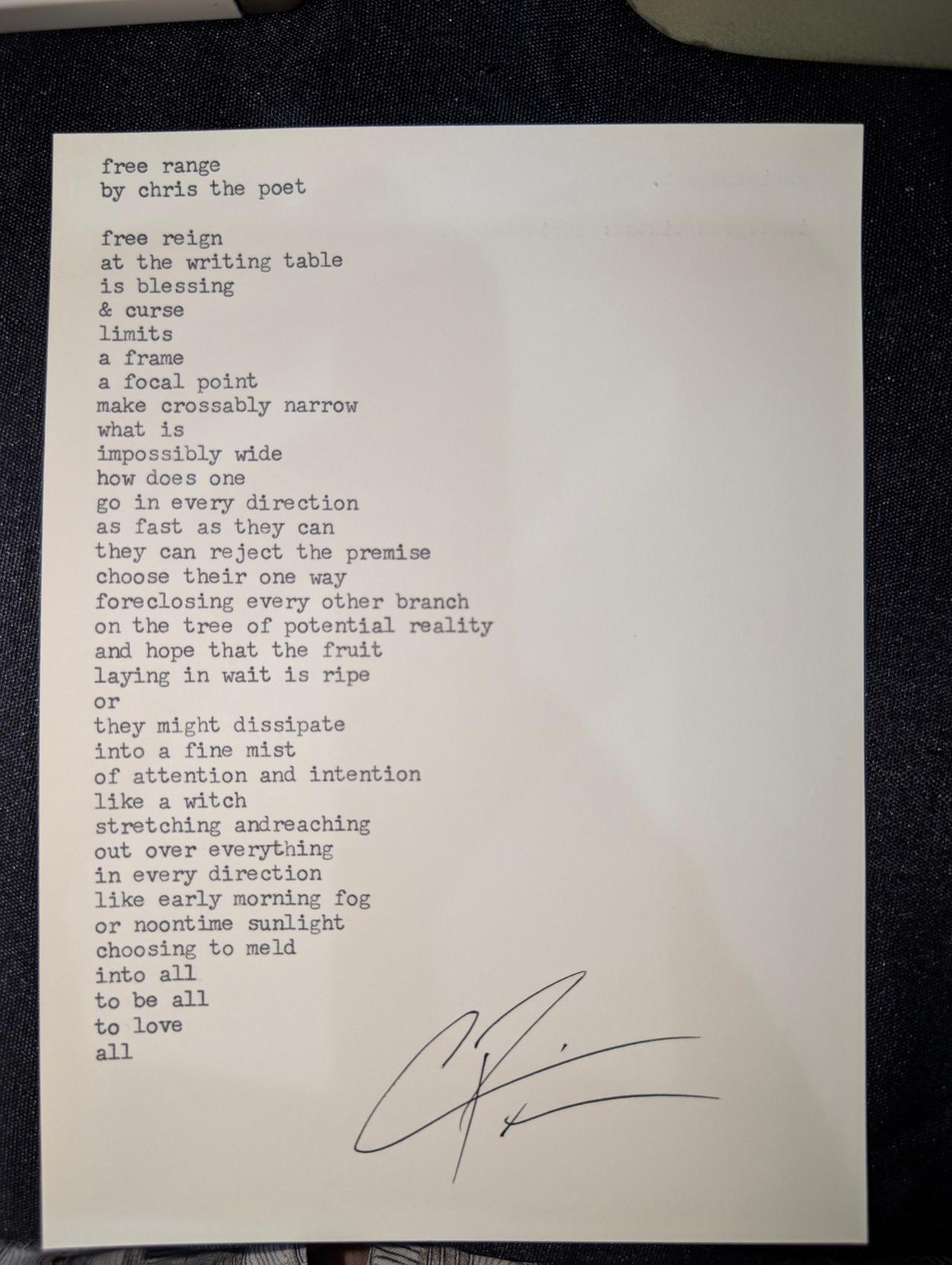 Original typewritten poem free range by Chris the Poet