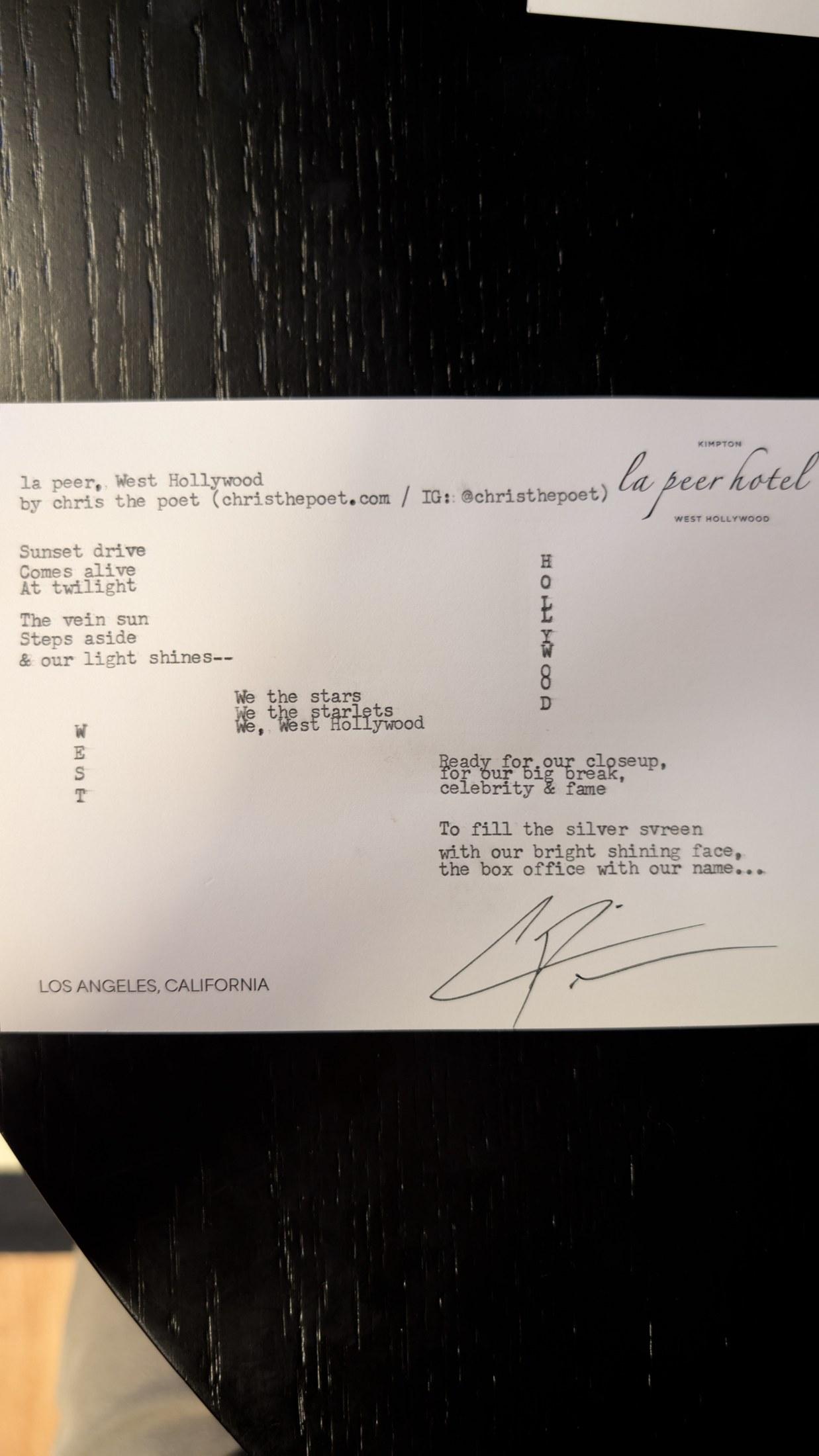 Original typewritten poem La Peer, West Hollywood by Chris the Poet