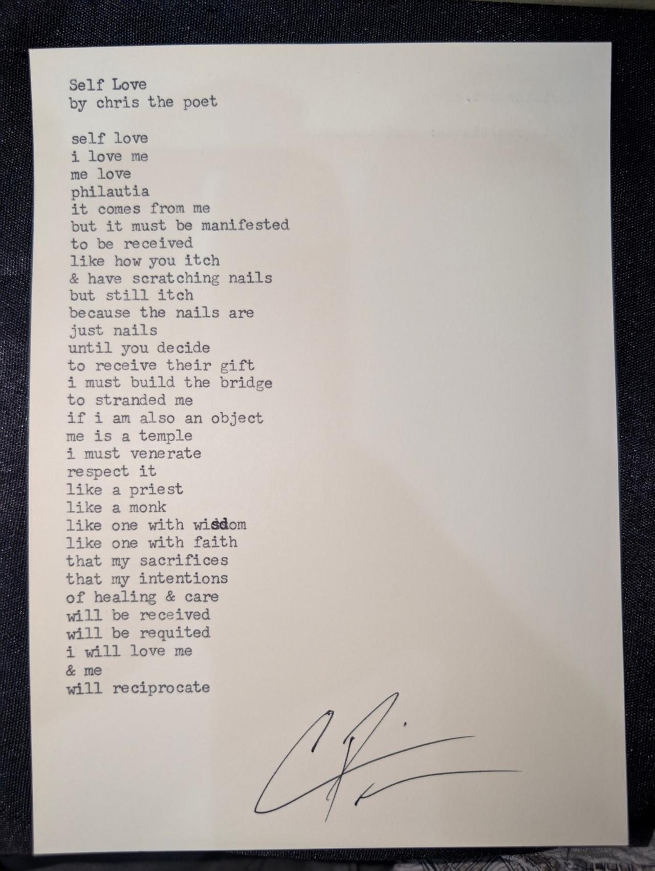 Original typewritten poem Self Love by Chris the Poet