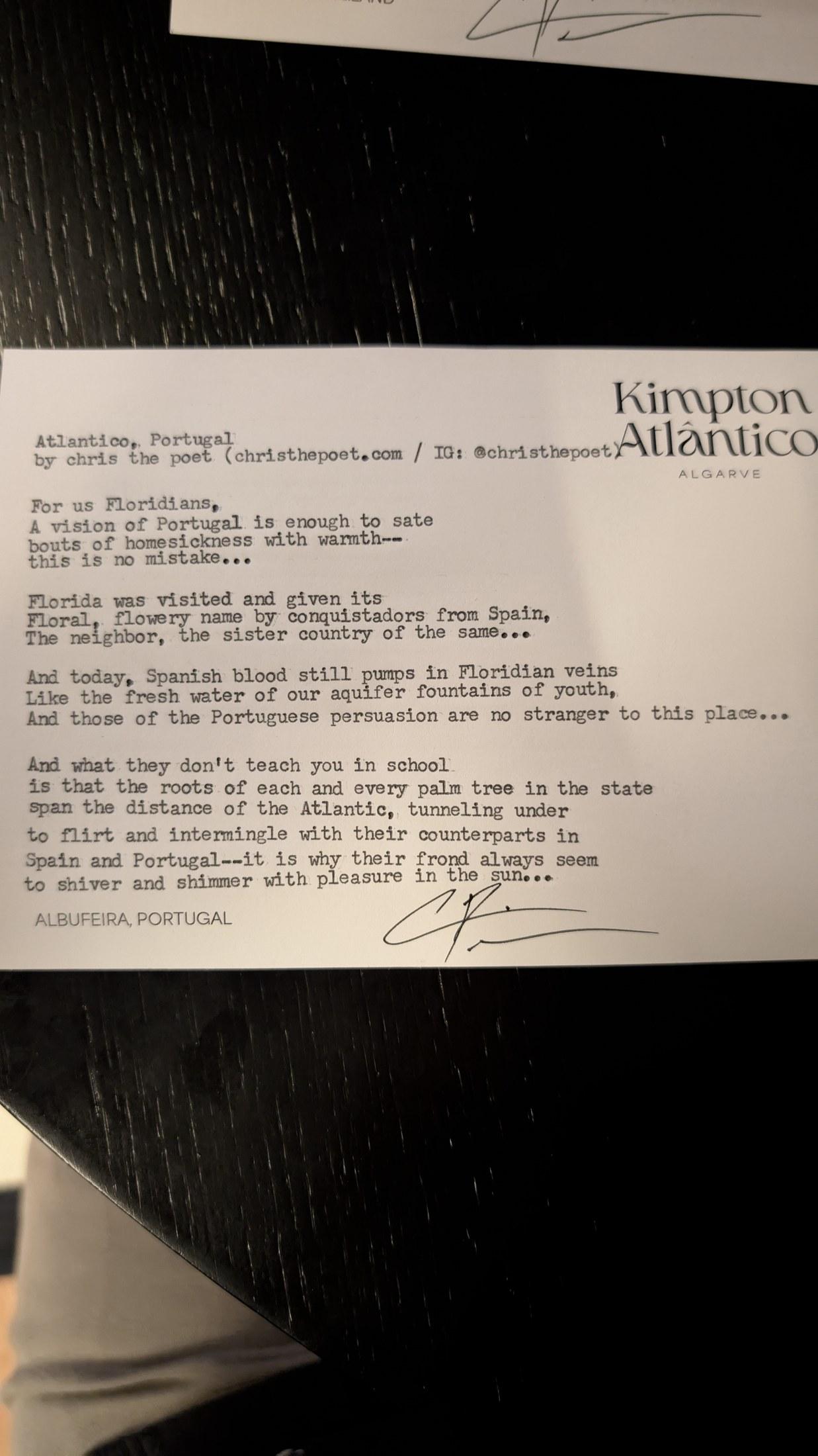 Original typewritten poem Atlantico, Portugal by Chris the Poet