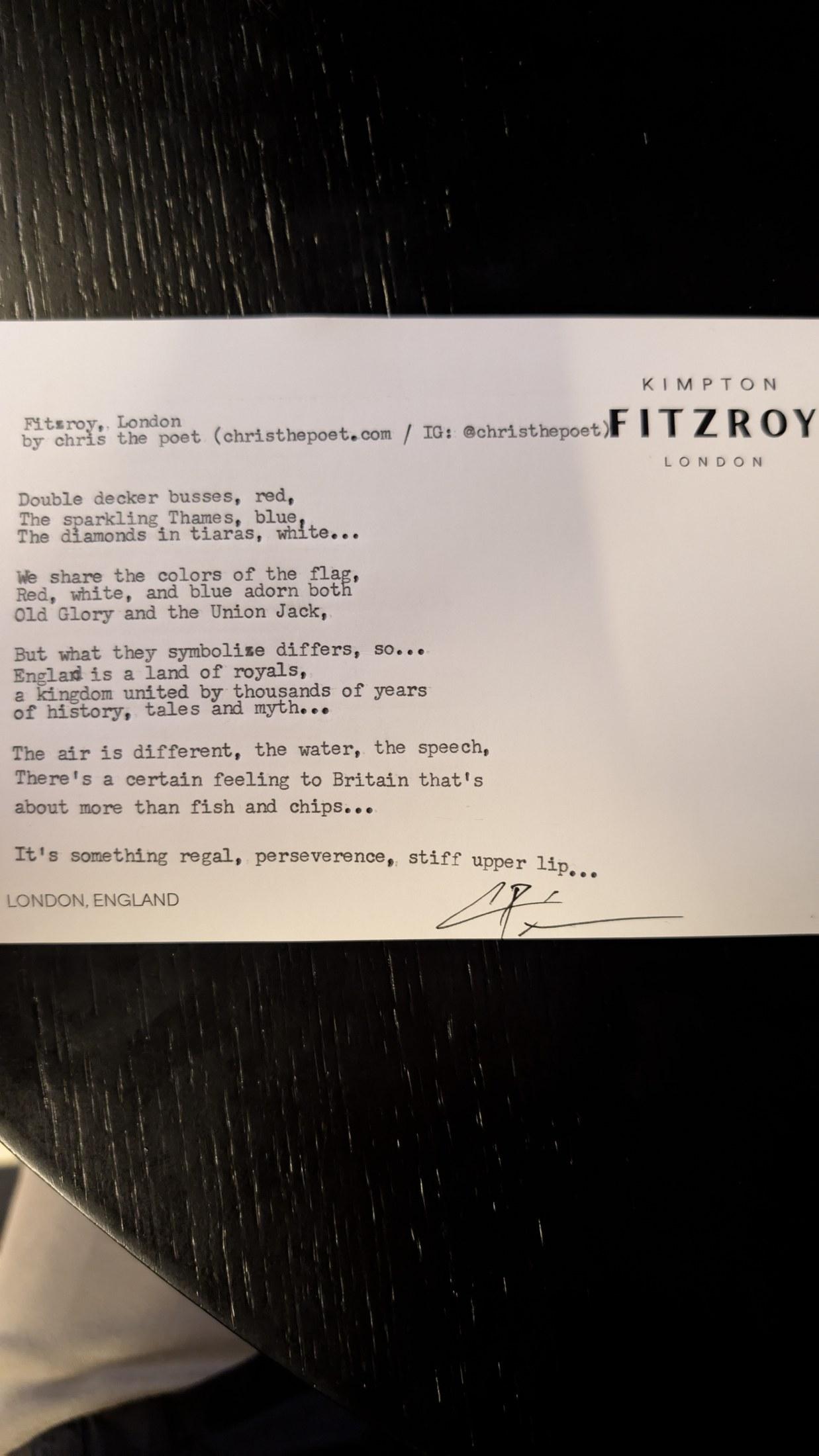 Original typewritten poem Fitzroy, London by Chris the Poet