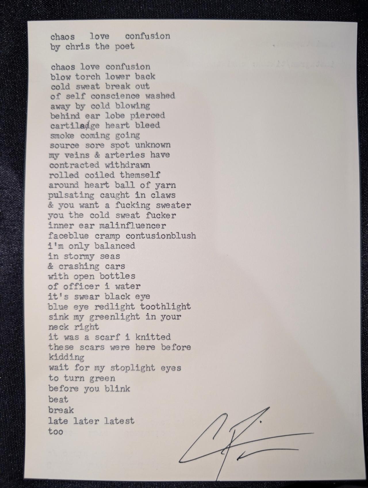 Original typewritten poem chaos love confusion by Chris the Poet