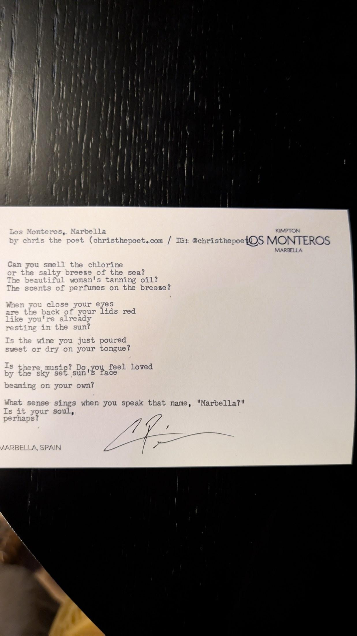 Original typewritten poem Los Monteros, Marbella by Chris the Poet