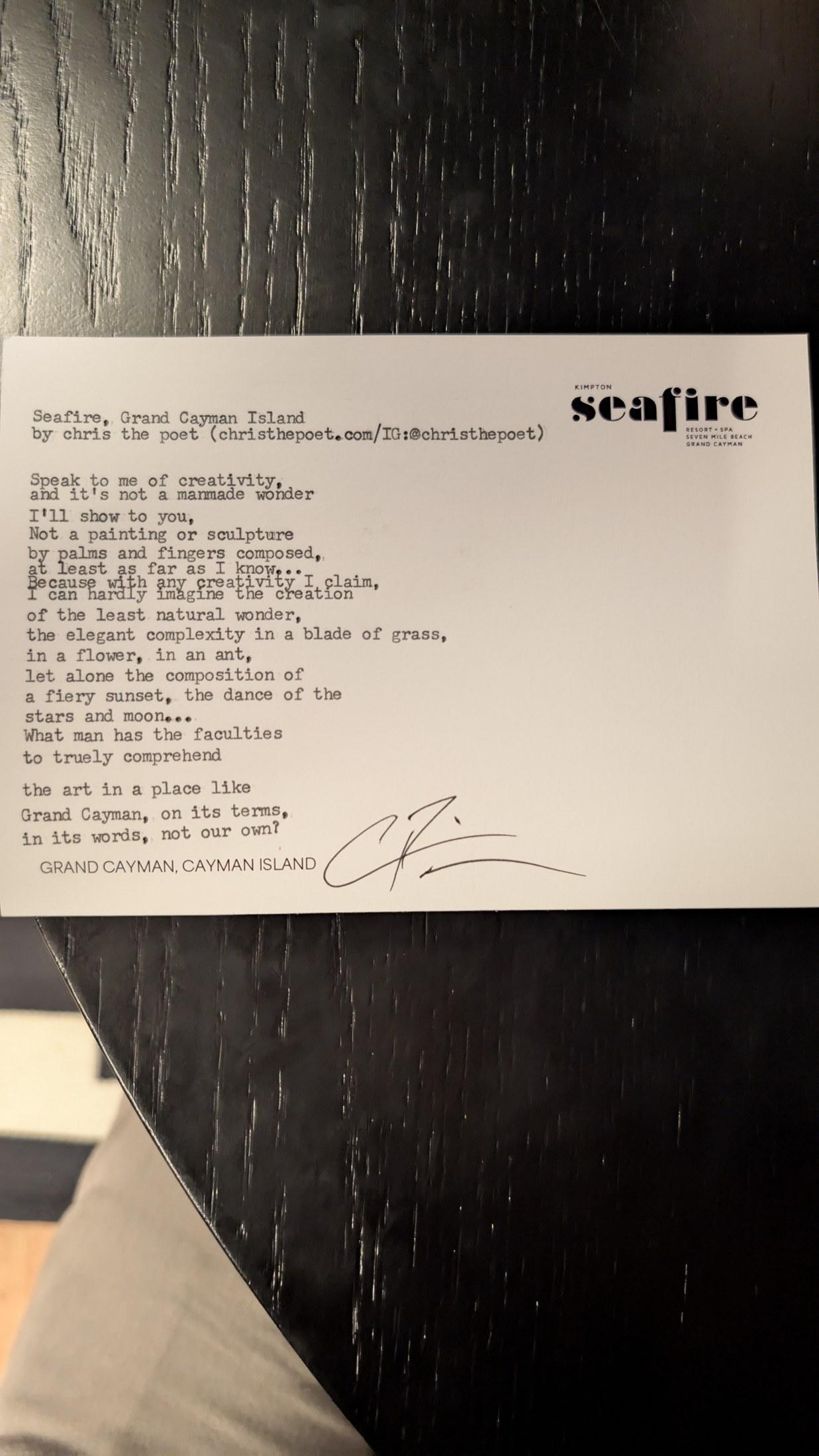 Original typewritten poem Seafire, Grand Cayman Island by Chris the Poet