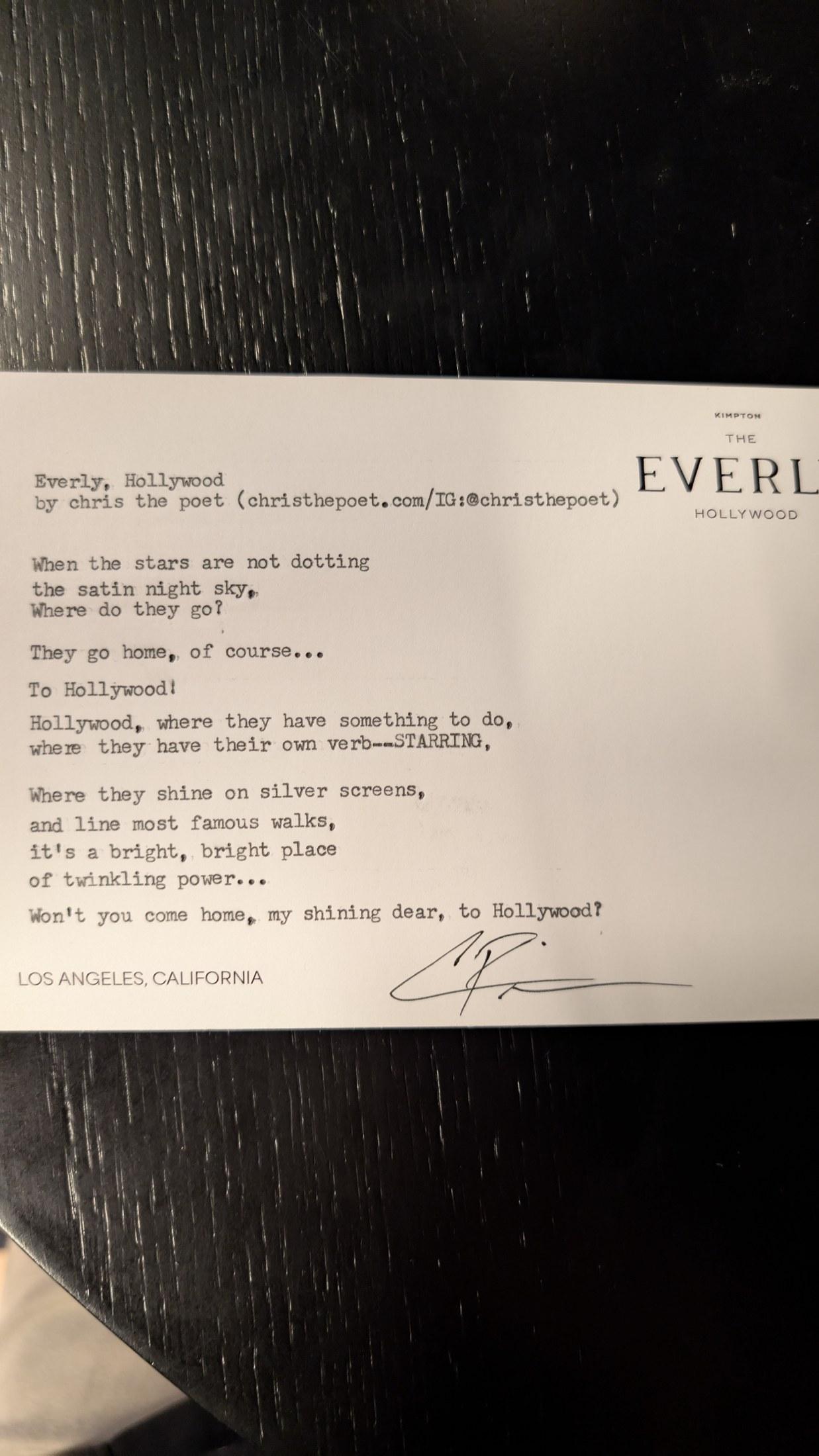 Original typewritten poem Everly, Hollywood by Chris the Poet