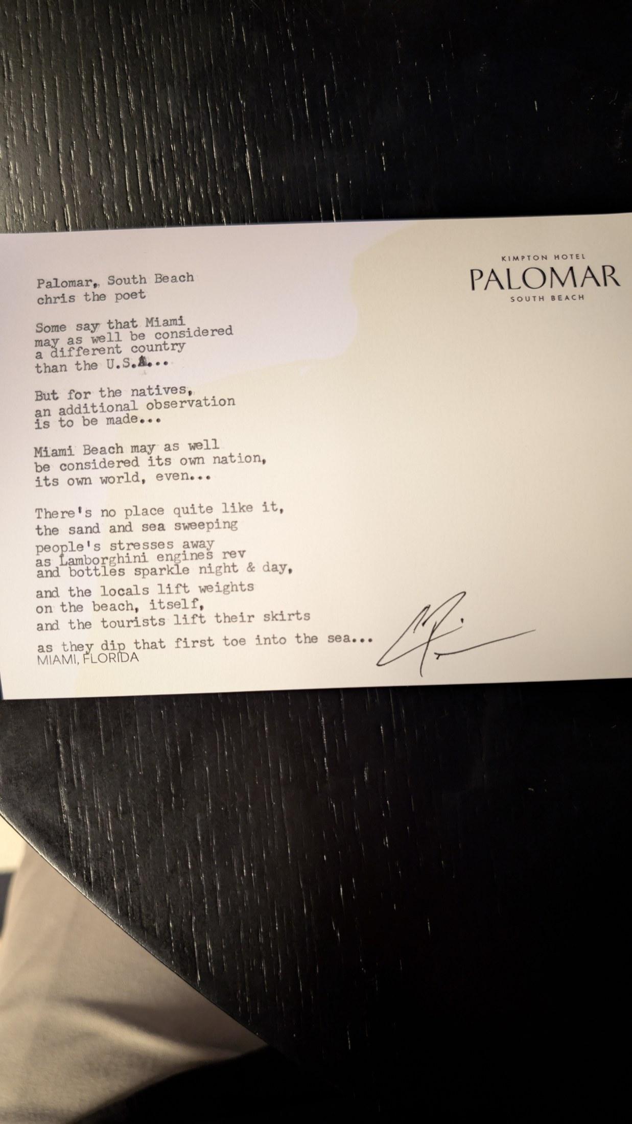 Original typewritten poem Palomar, South Beach by Chris the Poet