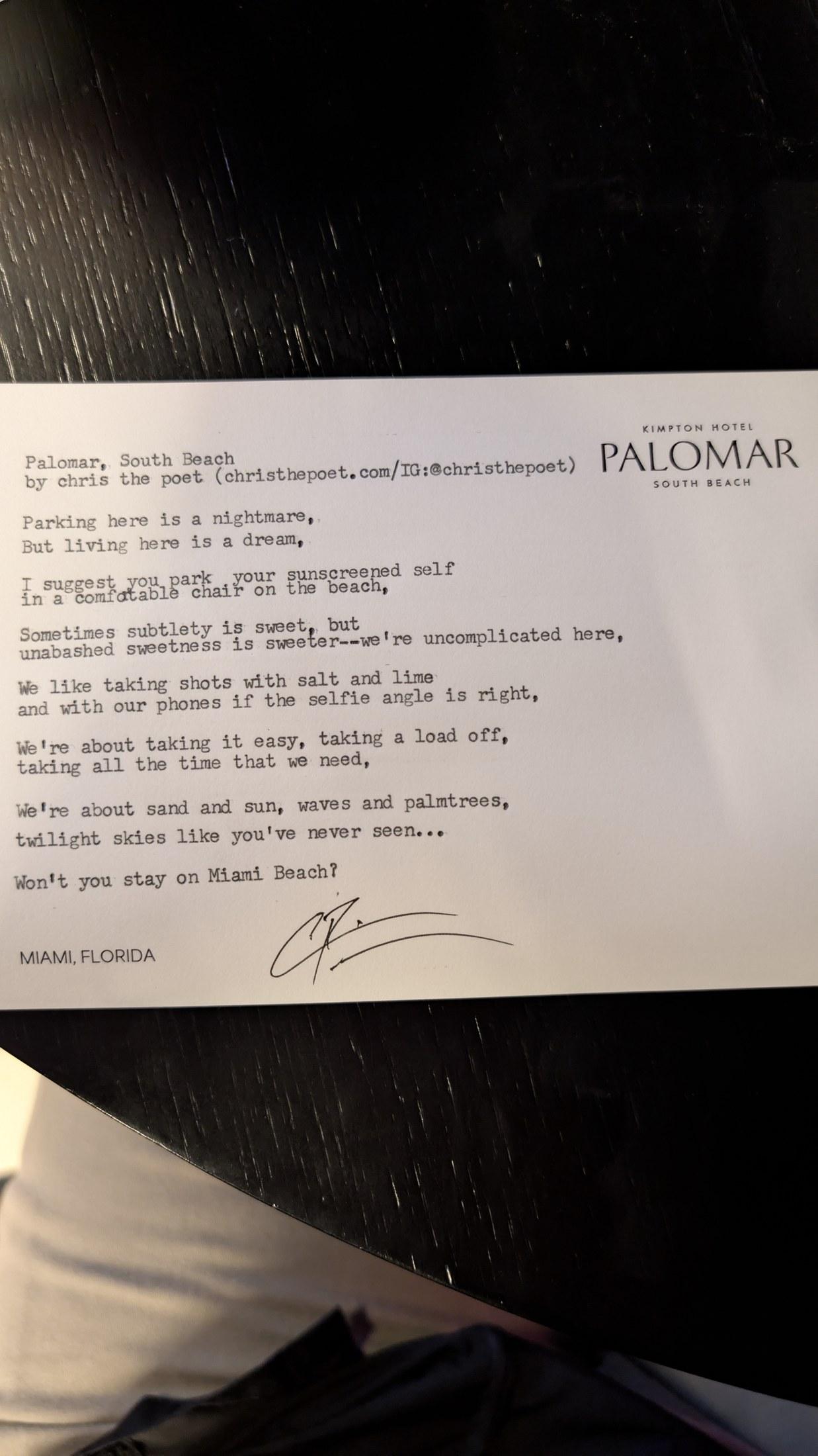 Original typewritten poem Palomar, South Beach by Chris the Poet