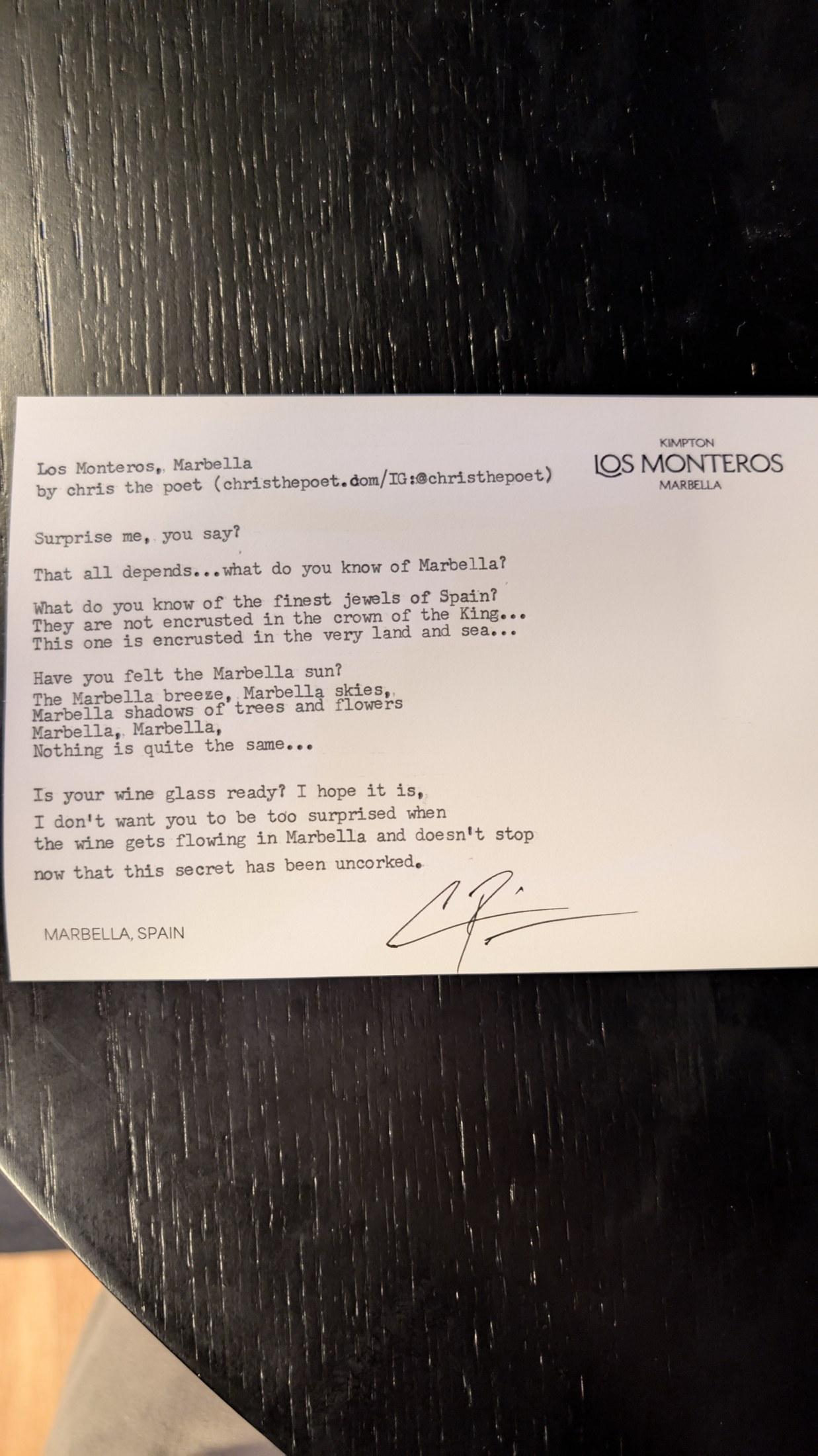 Original typewritten poem Los Monteros, Marbella by Chris the Poet