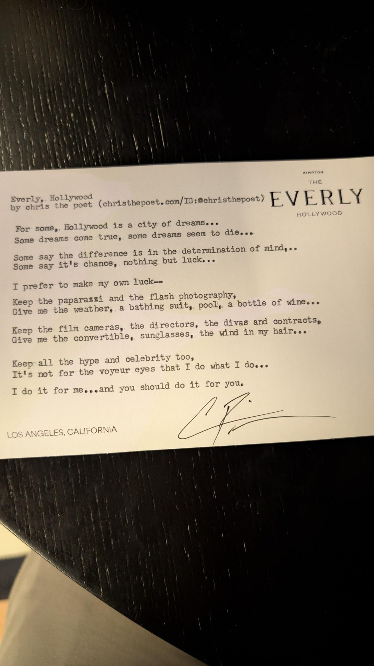 Original typewritten poem Everly, Hollywood by Chris the Poet